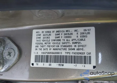 2008 Honda Accord 2.4 Ex-L из США, поврежденный, VIN 1HGCP26858A006613